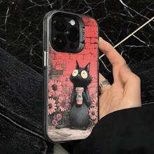 Funda de Teléfono Color Rosa Gato Negro con Estampado de Flores y Taza de Café para iPhone 14 13 12 11 Pro Max y  Galaxy S23 S22 S21 S20 Opción de Regalo Ideal para Todas las Estaciones - Plateado - Ver 4