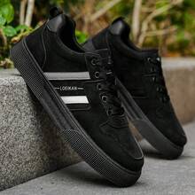 2026新款男鞋，黑色绒面革拼接低帮运动鞋，银白条纹休闲鞋，厚底增高日常百搭鞋履 - 黑色 - 查看 11