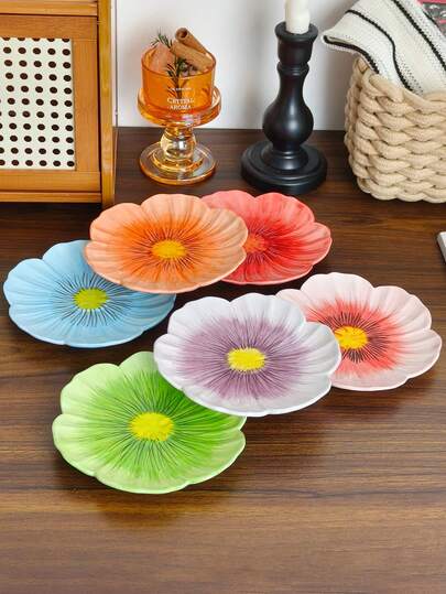 1pc/6pcs Colorful Petal Ceramic Dessert Plate, Petal Design Ceramic Dessert Plate, Suitable For Bread, Pastries, Fruits, Salad, Steak And Pasta, Holiday Gift, Gift For Boyfriend/Girlfriend, Mother's Day, Thanksgiving