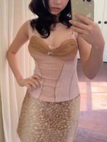 Women's Cute Knit Tank Tops Fairy Grunge Sweetheart Neck Mesh Patchwork Cami Tops Teen Girls Fairy Grunge Slim Fit Crop Vest Tops Sweet Ruffled Trim Corset Tops Teen Girls E-Girls Camisole For Summer Streetwear - 粉紅色和卡其色 - 查看 3