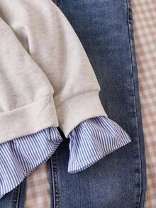 2pcs Cartoon Character & Striped Print Warm Sweatshirt Set For Young Girls - Grey - View 5