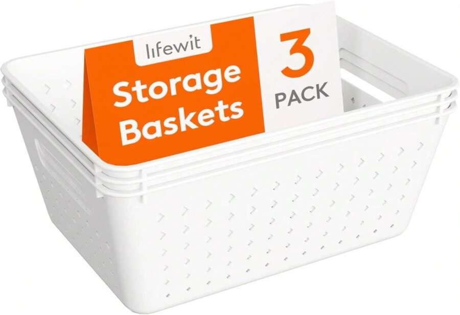 Lifewit Plastic Storage Basket For Organizing, 3 Pack Stackable Storage Bins, Open Containers For Shelving, Pantry, Office And Cabinet, 3 Large Size, White - ColorC - 查看 1