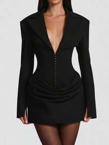 Stylish Deep V Neck Pencil Hem Bodycon Mini Dress For Women Long Sleeve Knitted Button Front Elegent Black Dress Women - Black - View 5