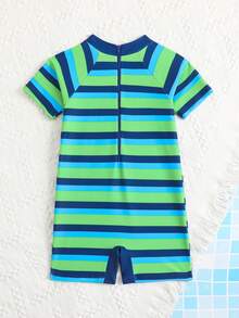 Young Boy Cartoon Shark Print Striped Raglan Short Sleeve Romper Shorts Swimsuit - Green - View 2