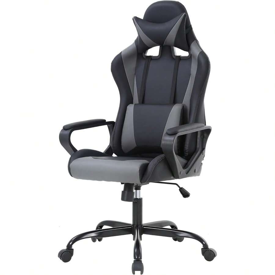 Ergonomic Racing Desk Chair Gaming Chair Computer Chair With Armrests 360° Swivel & Caster Pu Desk Task Chair Executive Headrest Lumbar Support For Back Pain Women Men And Adults (Grey) - 灰色 - 查看 1