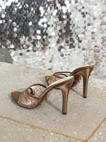 Women's Fashion Pointed Toe Mesh Breathable Stiletto Heel Sandals, Casual Romantic Comfortable Nightclub Versatile High Heel Slides - Brown - View 6