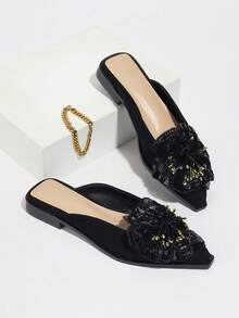 Women's Fashion Faux Flower Slip-On Shoes, Mules, Outdoor Closed Toe Slides, Suitable For All Seasons - Black - View 4