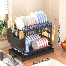 [Kitchen Storage Rack] Large-Capacity Double-Layer Carbon Kitchen Storage Rack With Drainage, Lockable Metal Tableware Stand For Bowls, Cups, Cutting Boards - No Assembly Required, Kitchen Organizers And Storage - Double-layer Black Dish Rack With Knife Holder and Cup Holder - View 8