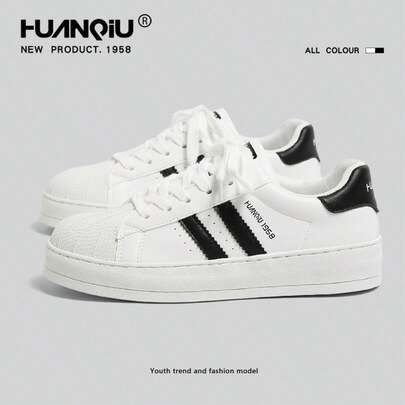 HUANQIU 女士白色运动鞋，四季皆宜跑步鞋，休闲系带平底防滑鞋，女士休闲运动鞋，校园/运动风格，纯色系带运动休闲鞋