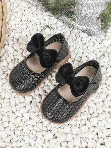 1双女童休闲蝴蝶结镂空平底魔术贴公主鞋，适合春夏穿着 - 黑色 - 查看 2
