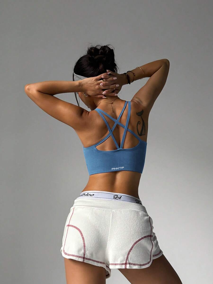 PinkTip Cross-Back Shaping Sports Bra, Built-In Bra Cup, Supportive, Seamless Fit, Suitable For Yoga And Casual Sports - Dusty Blue - View 1