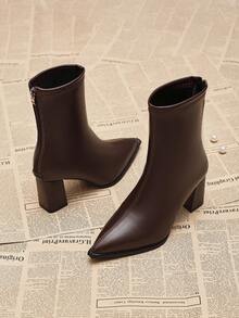 Botas de tacón grueso de mediados de pantorrilla con punta puntiaguda, diseño con cremallera trasera, estilizador y autoritario, estilo básico de oficina, Otoño/Invierno 2025 - Marrón - Ver 3