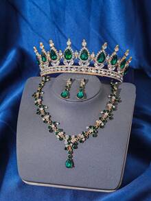 4 Stücke Luxus Königin Krone Halskette Ohrringe Haarschmuck Set, Braut Hochzeit Haarschmuck, Damen Formelle Veranstaltung Party Tiara Haar Schmuck - mehrfarbig - Übersicht 15