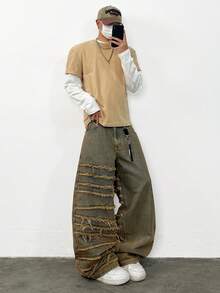 1件复古拼接阔腿牛仔裤，时尚宽松街头风休闲男士牛仔裤，四季皆宜（产品不含腰带和配饰） - 藍色 - 查看 1