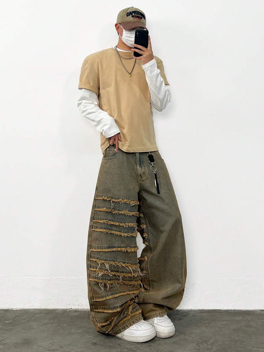 1件复古拼接阔腿牛仔裤，时尚宽松街头风休闲男士牛仔裤，四季皆宜（产品不含腰带和配饰） - 藍色 - 查看 1