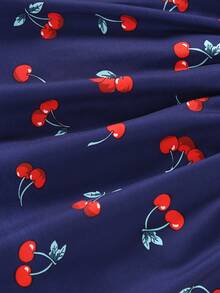 Young Girl Cherry Print Ruffle Chest Tie Strap Dress - Navy Blue - View 6