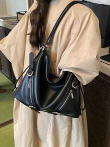1件極簡復古荔枝紋女款單肩托特包，女款手提包，2026春季新款女款單肩包，秋季最佳手提包，女款休閒手提包 - 黑色 - 查看 6