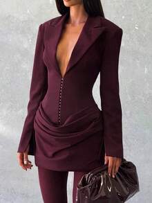 Elegant Party Mini Dress, Women's Deep V-Neck Long Sleeve Fitted Style, Button Front, Wine Red Knit Fabric With Stretch Spring - Purple - View 3