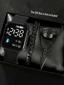 4pcs Fashion Minimalist Digital Display Electronic Watch Set With Black Pendant Necklace Bracelet Ring Jewelry Suit, Suitable For Daily Life, Travel, Vacation, Back To School, Party, Graduation Gift, No Gift Box - Black - View 2