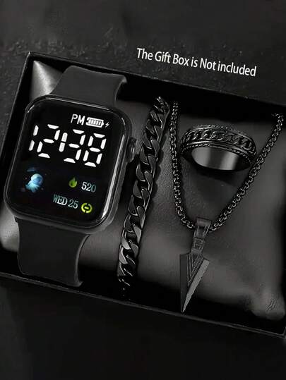 4pcs Fashion Minimalist Digital Display Electronic Watch Set With Black Pendant Necklace Bracelet Ring Jewelry Suit, Suitable For Daily Life, Travel, Vacation, Back To School, Party, Graduation Gift, No Gift Box