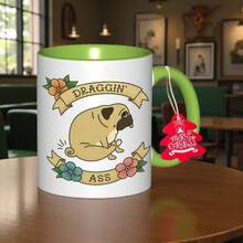 1 Cute Pug Coffee Mug With Lazy Pug Design And "Dragging Butt" Paw Print - Funny Pet Lover Gift, Dishwasher Shatterproof Cup, Suitable For Pug Owners, Birthday/Christmas/Mother's Day Gift (White Pug Themed Drinkware) - 綠色 - 查看 2