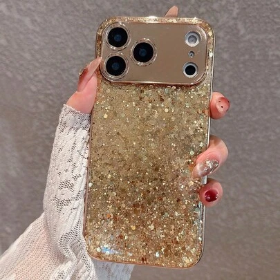 Ốp lưng điện thoại kim tuyến vàng sang trọng tương thích với iPhone 16 Pro Max/16 Pro/16/16 Plus/15/15 Pro Max/15 Pro/15 Plus/11/12/13/14 Pro Max/11 Pro/11 Pro Max/12 Pro/12 Pro Max/13 Pro/13 Pro Max/14 Pro/14 Pro Max, Bảo vệ toàn diện, Chống rơi, Thiết kế hình trái tim sáng tạo đơn giản dành cho nữ, Chống nước, Chống sốc, Chống trầy xước