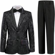 Teen Boy Jacquard Tuxedo 3 Piece Suit Set - Bow Tie Included For Wedding Prom - 藍葉 - 查看 7