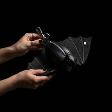 Handmade Gothic Style Bat Wing Coin Purse - Hand-Sewn Bat Wallet With Zipper Coin Pouch And Keychain Suitable For Bags And Belts - Fashion Accessory For Men Wallet Mini Wallet Purse Wallet Small Wallet Coin Wallet - Black - View 4