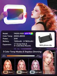 AXNEN 多功能手持LED补光灯，带手机笼支架，USB充电便携式手机直播摄影灯，配备可调节手机夹和冷靴接口，适用于内容创作、自拍补光、Vlog拍摄、手机配件、摄影配件 - 彩色 - 查看 14