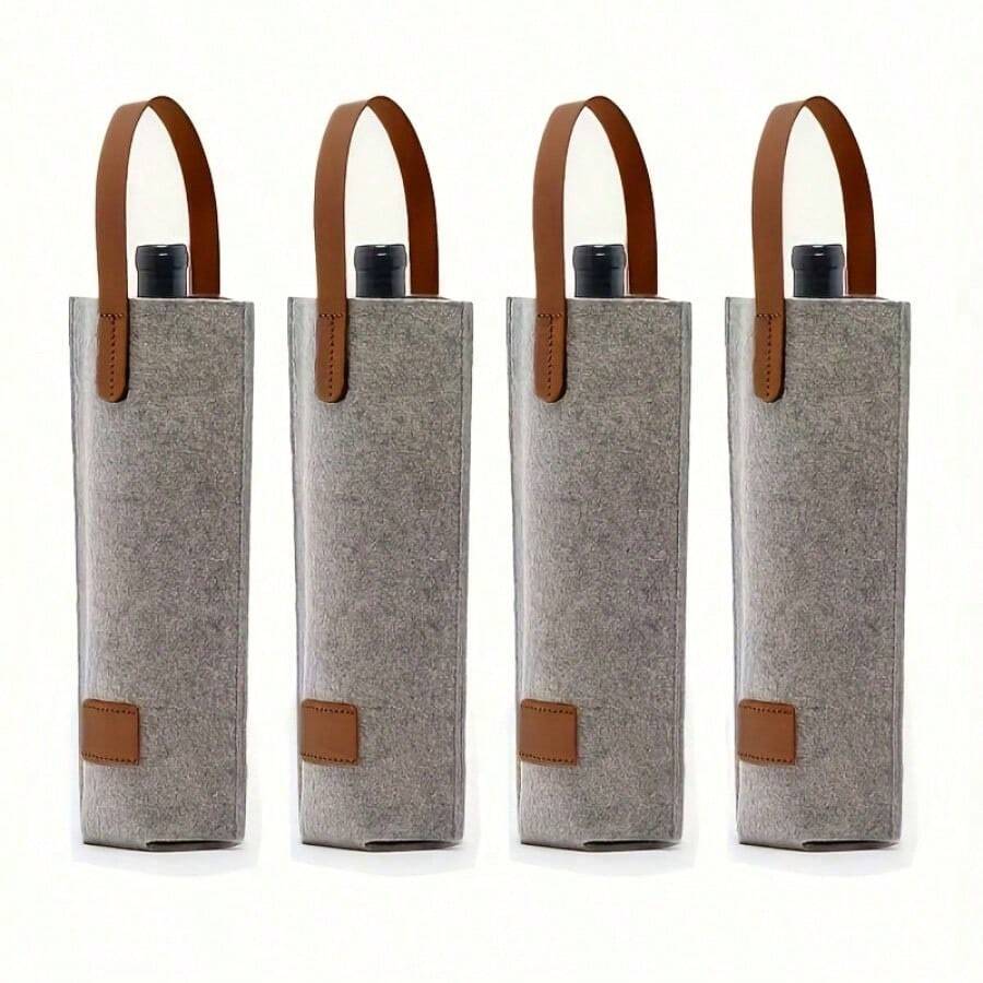 4-Piece Faux Leather Handle Reinforced Bottom Felt Wine Bottle Tote Bag - Premium Gift Packaging For Wine, Premium Grey Reusable Carry Bag For Gifts, Wine Bottle Bags, Gift Wrapping, Stylish Carry Bags, Party Planners Only - 灰色 - 4 件 - 查看 1