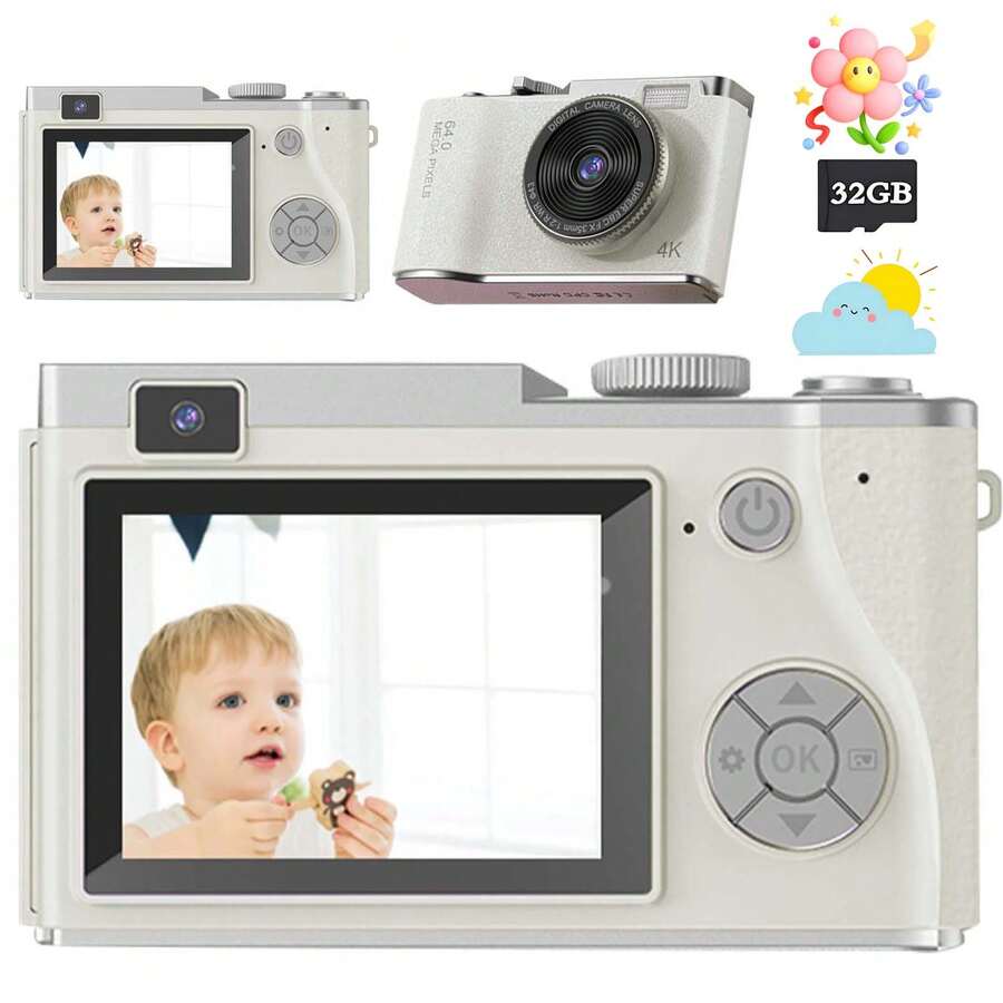 Appareil photo de voyage/pour enfants 4K 48MP à double objectif avec autofocus, zoom optique 16X, écran 2,4", carte 32 Go, flash intégré - léger et portable, convient aux débutants