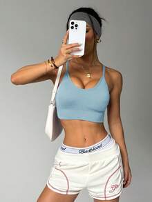 PinkTip Cross-Back Shaping Sports Bra, Built-In Bra, Supportive, Seamless, Suitable For Yoga And Casual Sports - Baby Blue - View 2