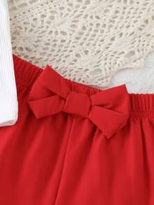 2pcs Girls Strawberry Decor Ruffle Collar/Cuff Sleeveless Top + Red Bow Accent Shorts Set, Cute Casual Outfit For Daily Wear - White - View 5