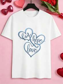 T-shirt blanc à imprimé cœur << Hope Love » pour l'automne, col rond, coupe décontractée, style hip-hop urbain, confortable, imprimé original - Blanc - Voir 2