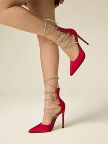 Women's Pointed Toe Stiletto Heels With Hollow Out, Zipper Back, Rhinestone Strap Design, Sexy & Fashionable Red High Heels For Party Wear - Red - View 1