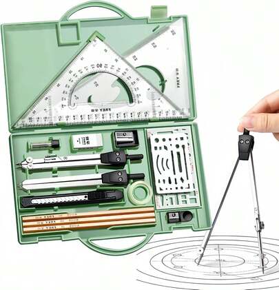 THJOPOKEEL Kit de dibujo,Kit de dibujo |   Kit de geometría de reglas y compases de metal |   Juego de regla triangular, brújula y transportador, lápices de dibujo, suministros de dibujo (Verde)