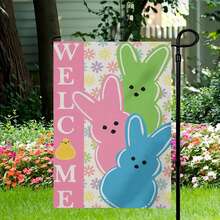 Osterfeier Gartenflagge - 12x18 Zoll, Frühlings- & Sommer-Outdoor-Willkommensdekoration mit Blumen, Hasen und Eiern Design, Polyester, ohne Strombedarf - Verschiedenfarbig - Übersicht 1