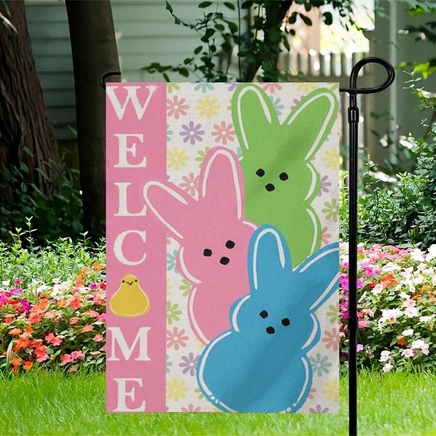 Osterfeier Gartenflagge - 12x18 Zoll, Frühlings- & Sommer-Outdoor-Willkommensdekoration mit Blumen, Hasen und Eiern Design, Polyester, ohne Strombedarf - Verschiedenfarbig - Übersicht 1