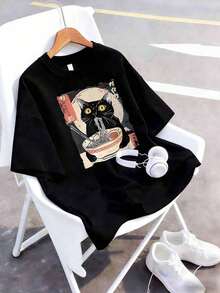 女款卡通猫咪拉面印花短袖T恤，适合日常穿着、外出、聚会、上学、参加音乐节、度假、通勤等场合。可作为礼物送给家人、男友、女友、朋友，也是女孩夏季服装的理想之选。 - 黑色 - 查看 3