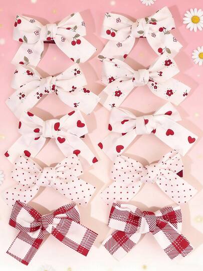 10pcs Valentine's Day White & Red Fabric Cherry Heart Hair Clips, Cute Valentine's Day Hair Accessories, Suitable For Valentine's Day Party Gifts