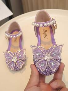 1 Pair Children's Sandals In Small/Medium/Large, Rhinestone, Pearl, Bow Decor, Gritty PU Patchwork Round Toe, Girls Flat Sandals Suitable For Daily Wear, Dance, Outdoor, Festivals, Parties, Glitter Decorated Open Toe Princess Shoes, Suitable For Spring/Summer/Autumn - Purple - View 1