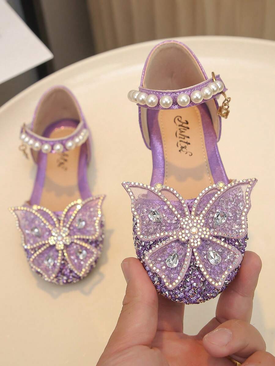 1 Pair Children's Sandals In Small/Medium/Large, Rhinestone, Pearl, Bow Decor, Gritty PU Patchwork Round Toe, Girls Flat Sandals Suitable For Daily Wear, Dance, Outdoor, Festivals, Parties, Glitter Decorated Open Toe Princess Shoes, Suitable For Spring/Summer/Autumn - Purple - View 1