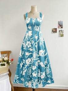 Women's Long Allover Print Spaghetti Strap Maxi Dress, All-Over Bohemian Casual Ruffled Tie Waist Dress - Teal Blue - View 5