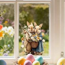 1张复古绅士兔手捧彩蛋窗贴，可移除PVC材质，适用于春季复活节卧室、客厅、阳台和商店橱窗装饰 - 彩色 - 查看 11