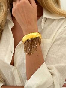 1件波西米亚几何串珠流苏亮面弹簧金属手镯，奢华休闲派对日常婚礼假日百搭魅力珠宝，女士礼物 - 手鐲 - 查看 3