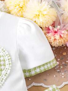 2pcs Baby Girls Cute White Ribbed Short Sleeve T-Shirt + Plaid Skirt Set, Lightweight Summer