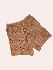 Beach Cover-Up Shorts, Knitted Crochet, High Waist, Lace Beachwear - New Beige - View 2