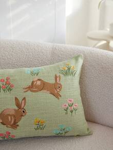 1pc Easter Green Rabbit Embroidered Throw Pillow Cover, Spring Floral Cushion Cover, Suitable For Indoor Decor, Spring/Summer Pillowcase, Pillow Insert Not Included - Green - View 8