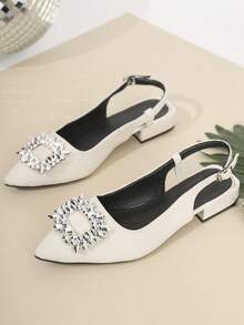 Nuevos zapatos de fiesta con puntera plana y hebilla de cristal de moda para exteriores, zuecos cerrados de punta negra sin cordones, sandalias - Beis - Ver 2