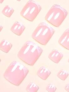 24pcs Short Adhesive Toe Nail Stickers, Elegant Nude Pink Base With Shiny White Striped Glitter, Instant Manicure Upgrade. Set Includes 1 Adhesive Sticker Sheet And 1 Mini Gel Sticker, Random Delivery. Nails Nail Supplies - White - View 4